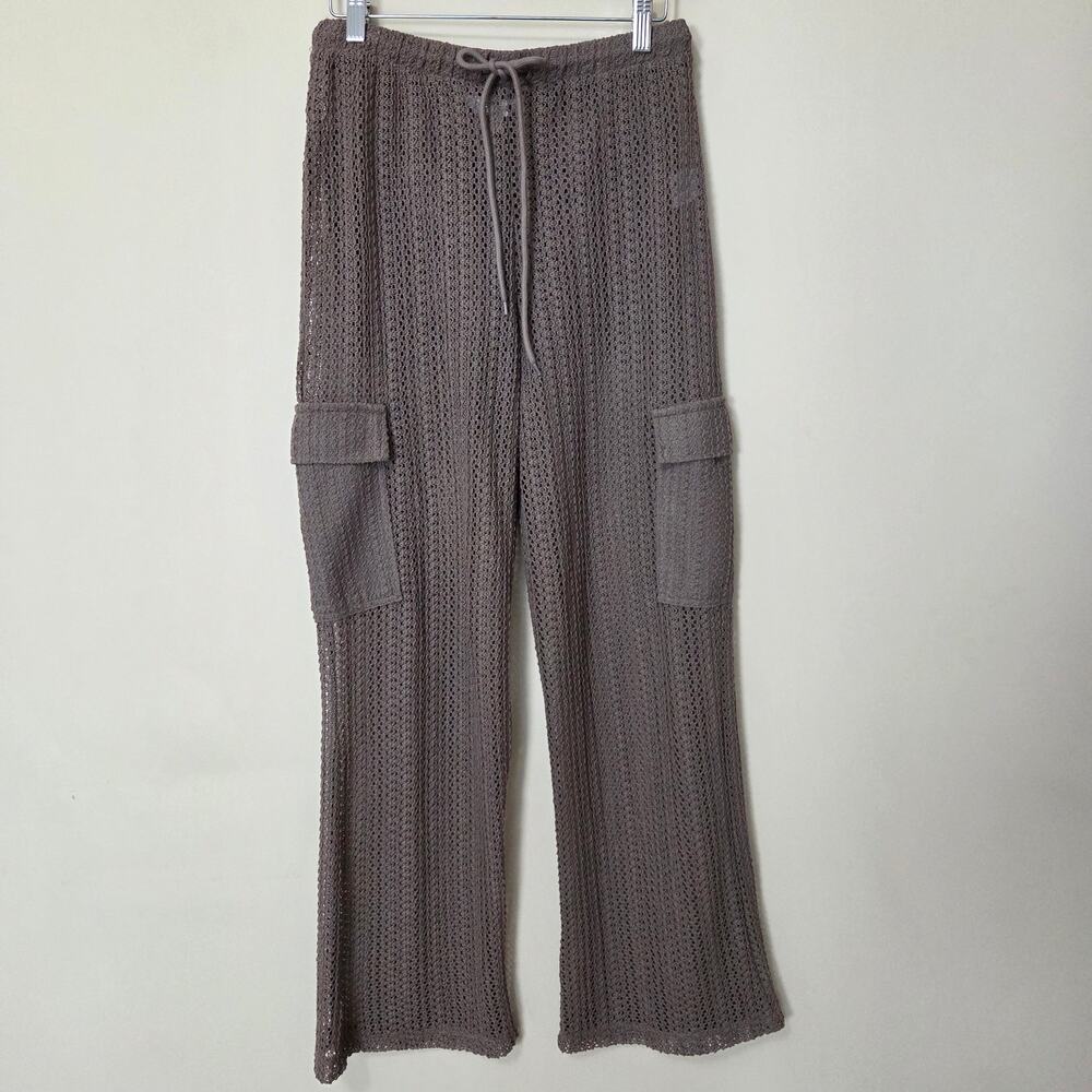 Riley & James S Crochet Cargo Jogger Flare Pants Stretch Elastic Drawstring Brn